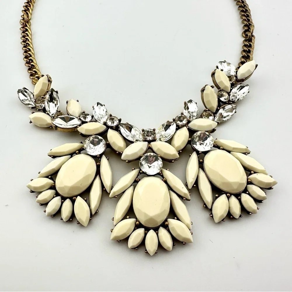 NWT J. Crew Necklace in Beige Off-White with Rhinestones & Gold-tone Chain